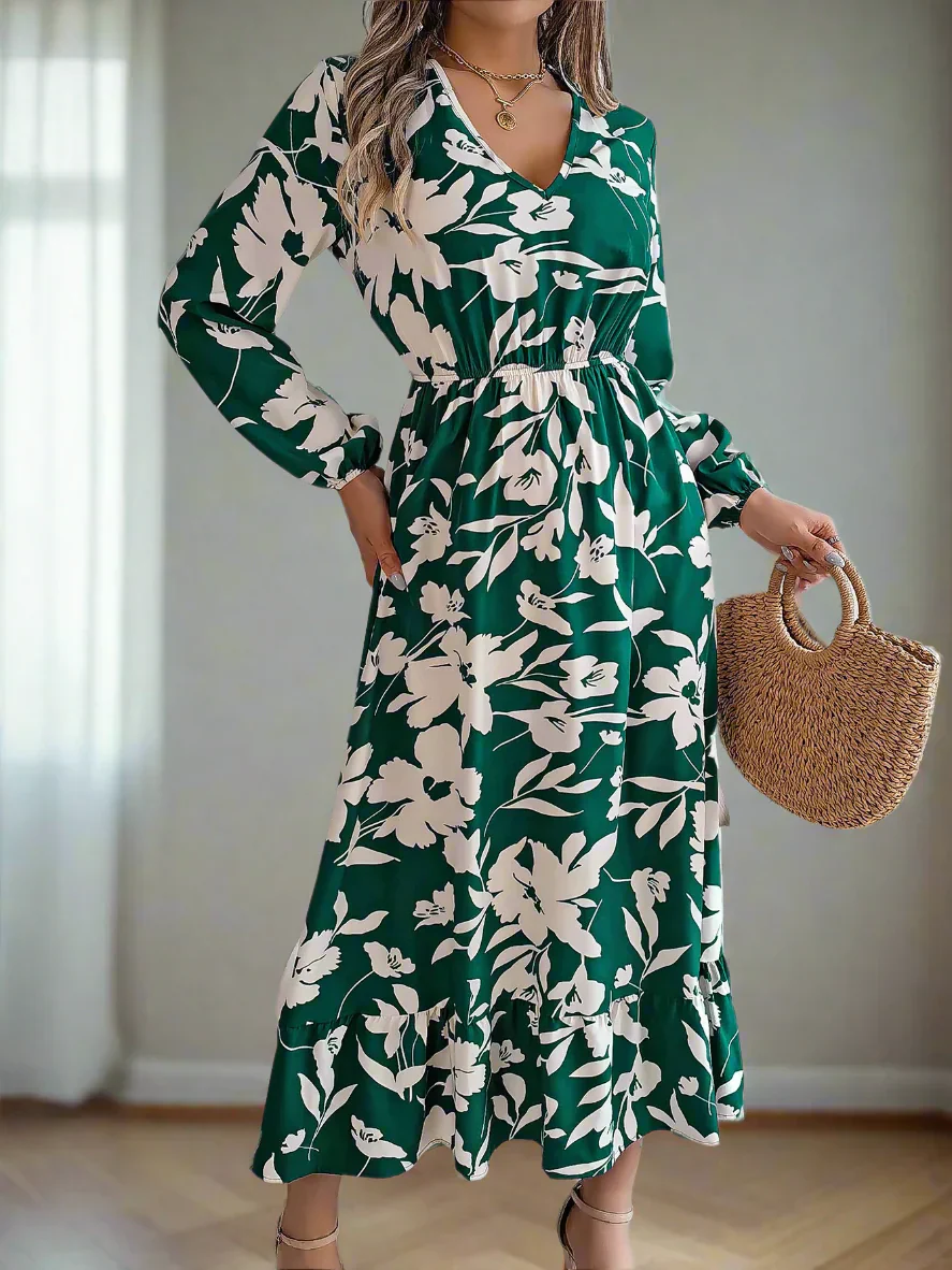 Blumiges Vintage Midi-Kleid mit Taillengummi Damen Langarmkleid - Image 16