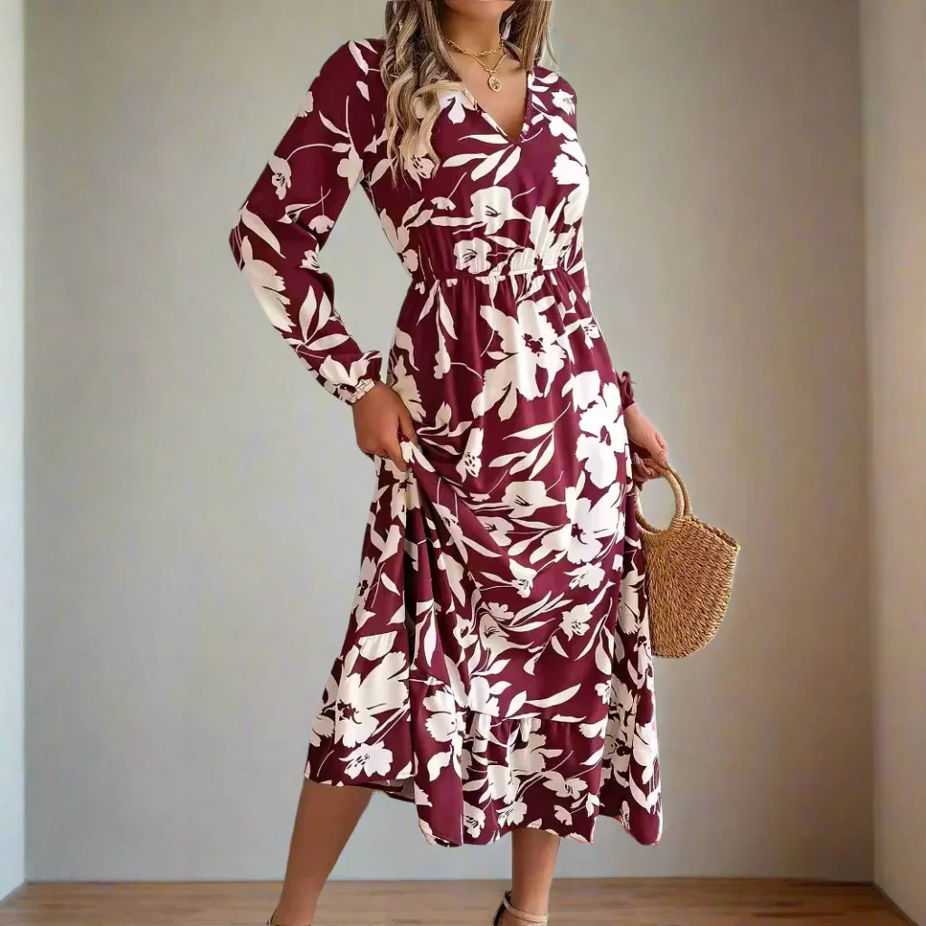 Blumiges Vintage Midi-Kleid mit Taillengummi Damen Langarmkleid - Image 17