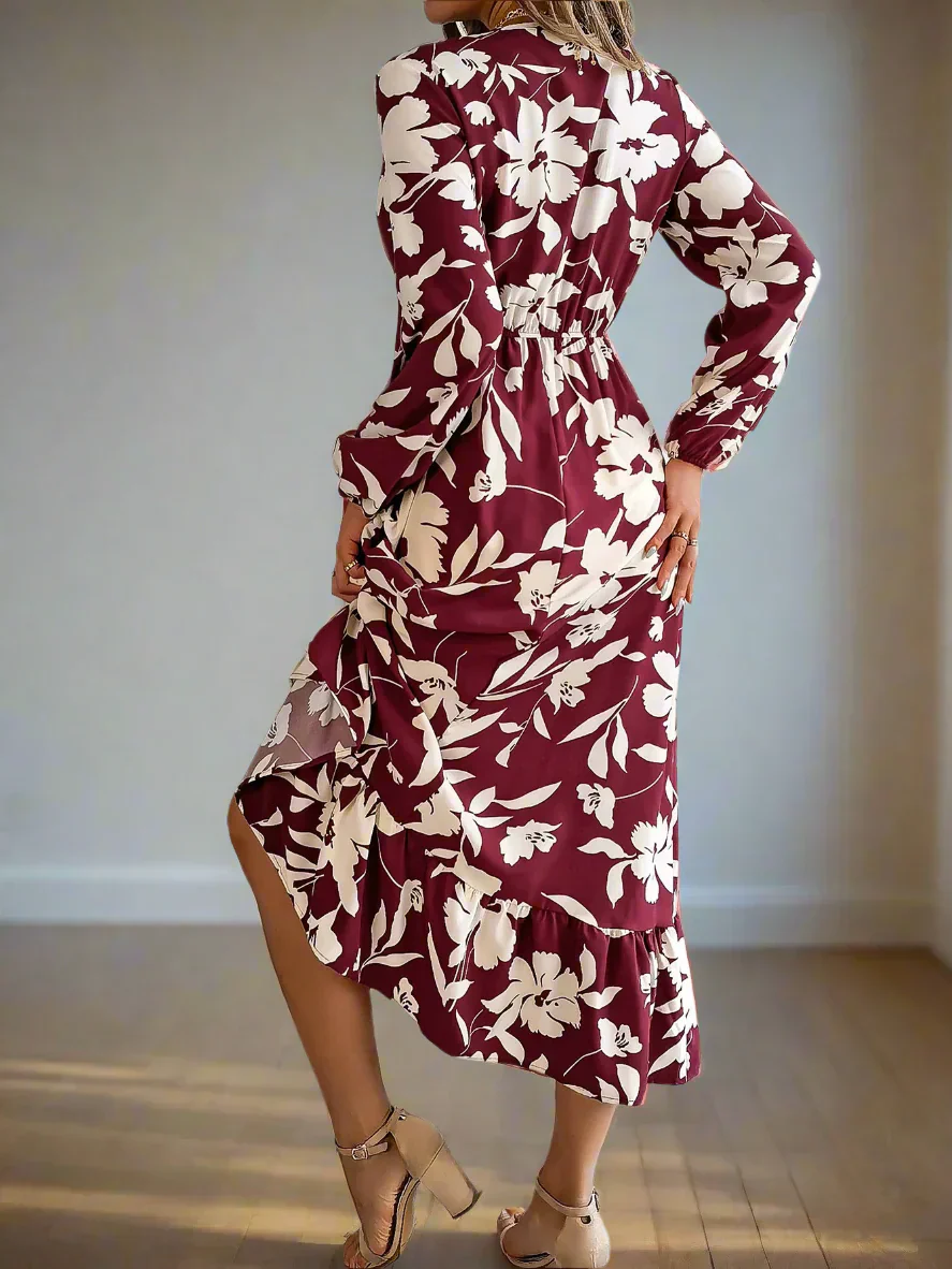 Blumiges Vintage Midi-Kleid mit Taillengummi Damen Langarmkleid - Image 2
