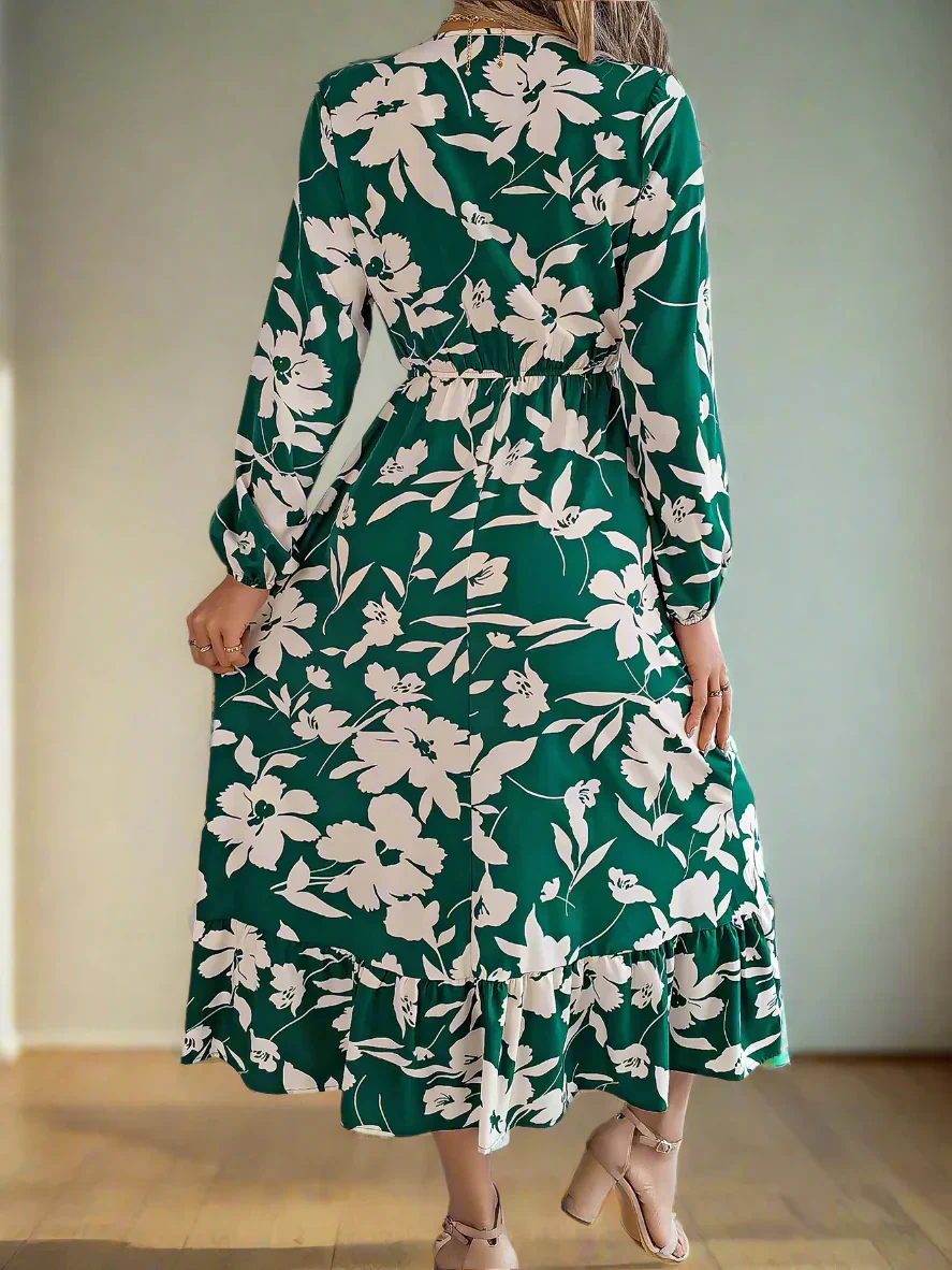 Blumiges Vintage Midi-Kleid mit Taillengummi Damen Langarmkleid - Image 3