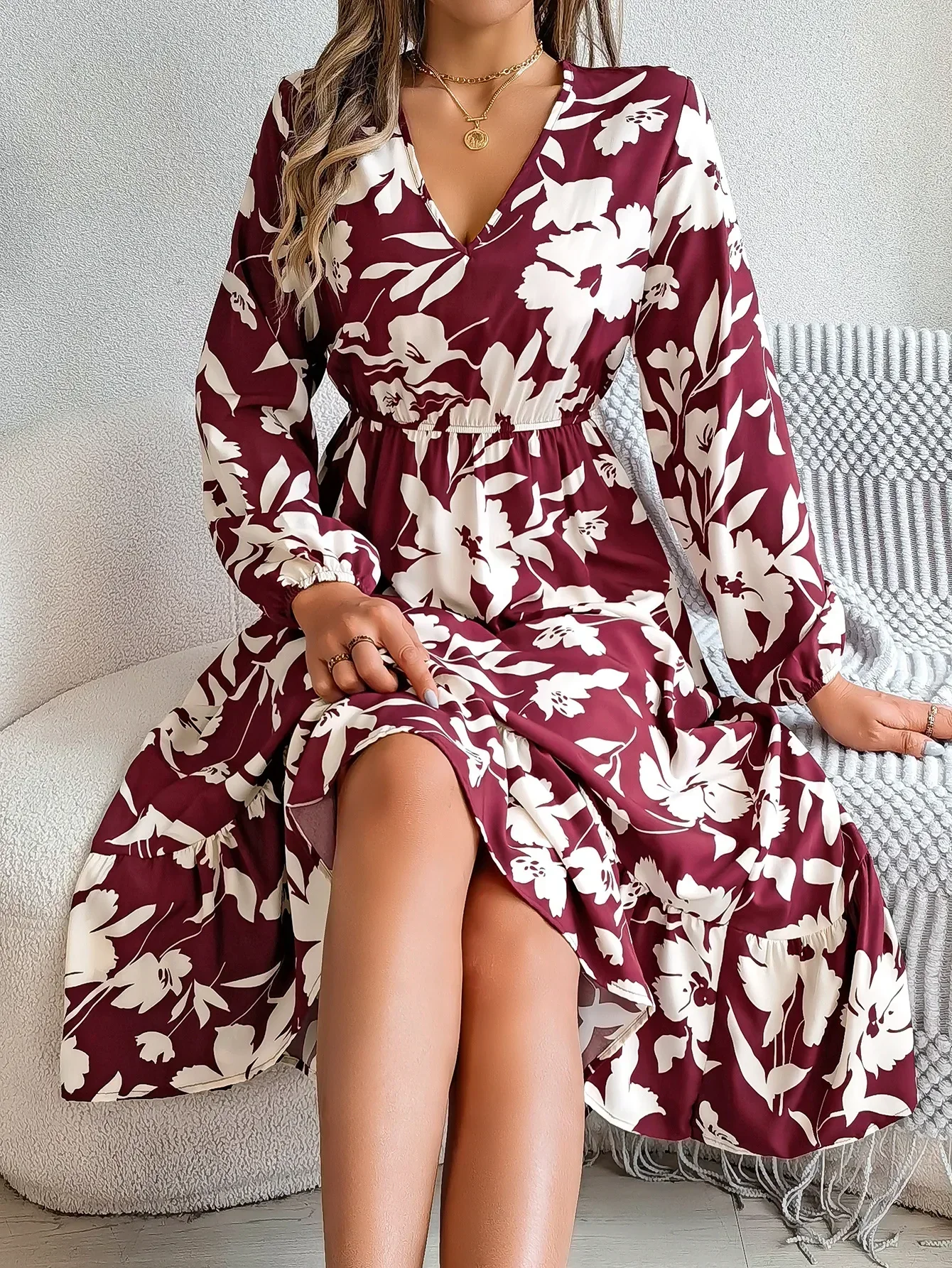 Blumiges Vintage Midi-Kleid mit Taillengummi Damen Langarmkleid - Image 4
