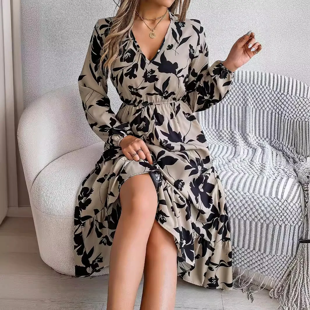 Blumiges Vintage Midi-Kleid mit Taillengummi Damen Langarmkleid - Image 5