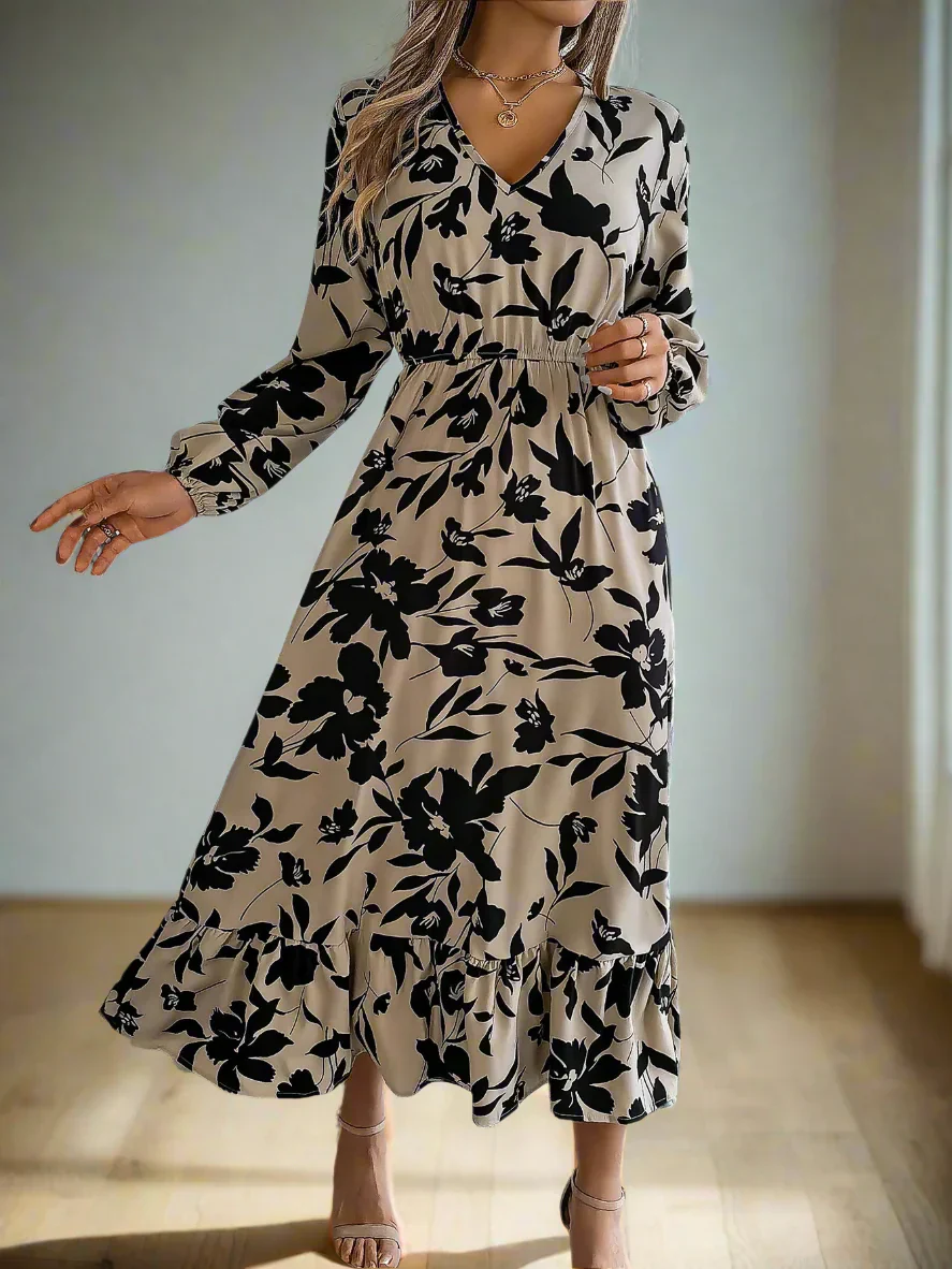 Blumiges Vintage Midi-Kleid mit Taillengummi Damen Langarmkleid - Image 7