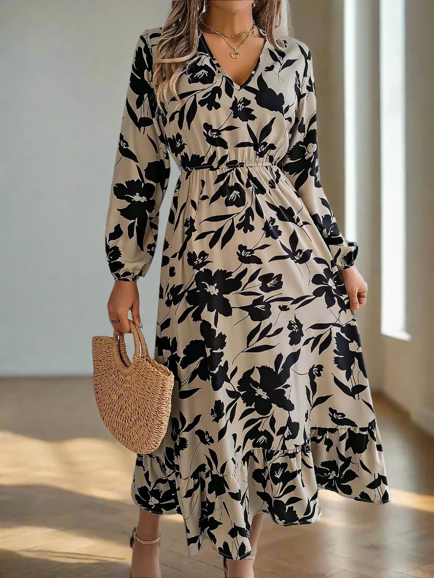 Blumiges Vintage Midi-Kleid mit Taillengummi Damen Langarmkleid - Image 9