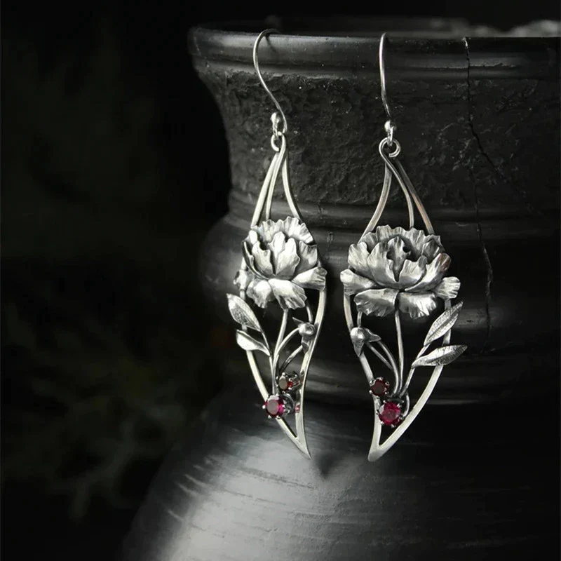 Boho Blumenohrringe mit rotem Zirkonia in Sterling Silber - Image 4