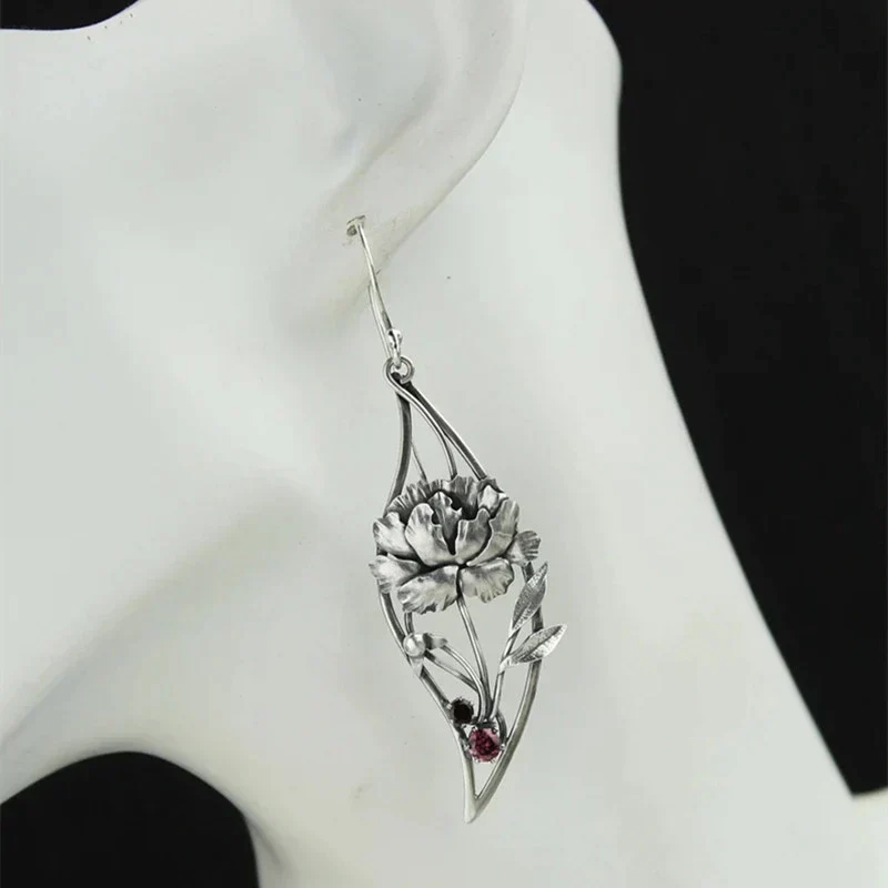 Boho Blumenohrringe mit rotem Zirkonia in Sterling Silber - Image 6
