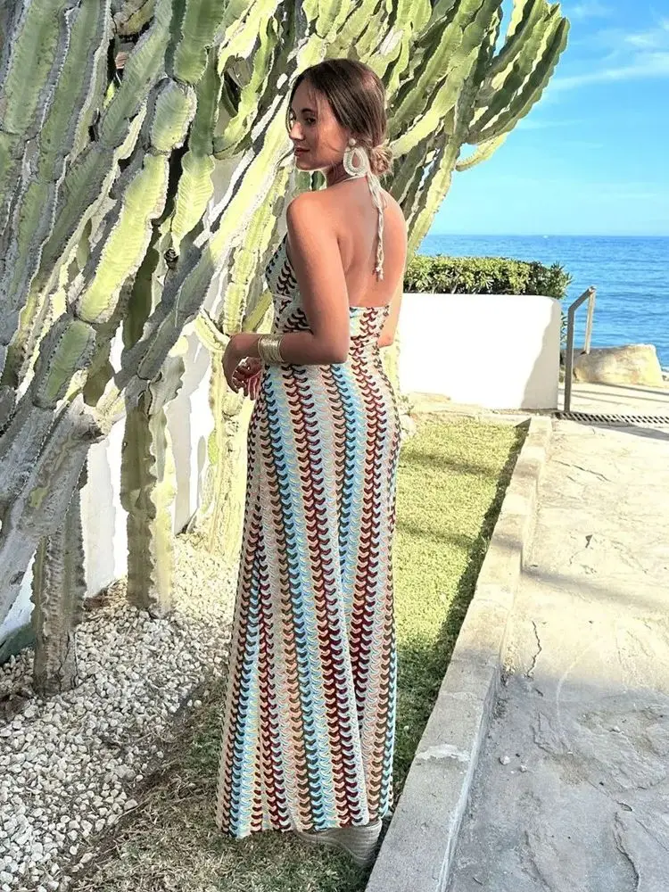 Boho Maxikleid mit Retro-Wellenmuster & Neckholder – Rückenfrei & figurbetont - Image 2