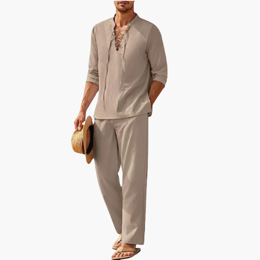 Boho Two-Piece Set for Men - Summer Lace-Up Shirt & Pants - Image 2