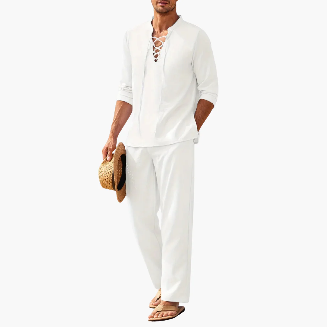 Boho Two-Piece Set for Men - Summer Lace-Up Shirt & Pants - Image 4