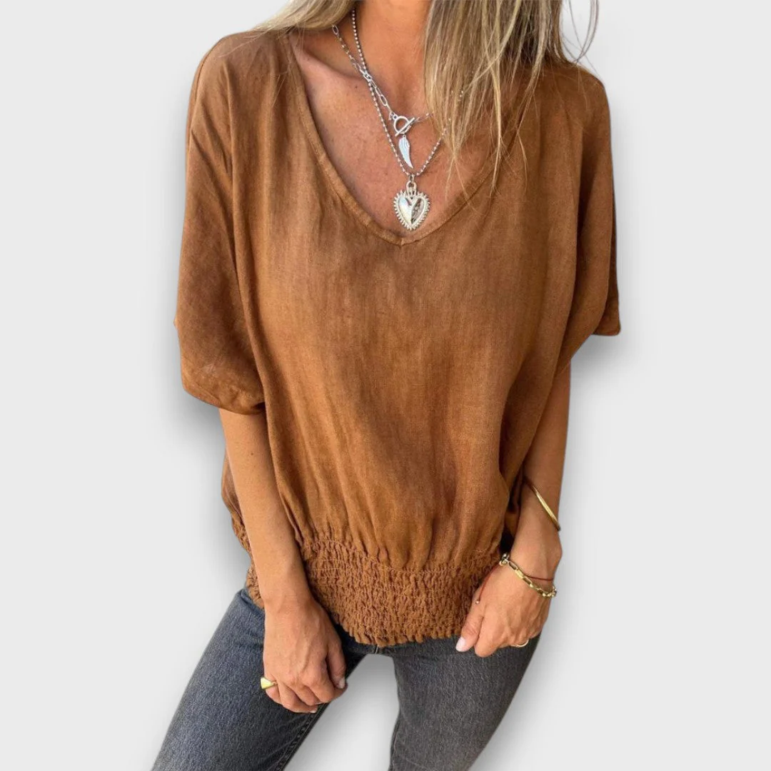 Bomia – Bequemes T-Shirt mit Taillenbund und V-Ausschnitt - Image 4
