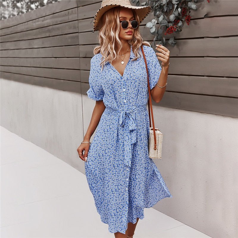 Brently – Geblümtes Midikleid mit Knopfleiste und Taillenband - Image 2