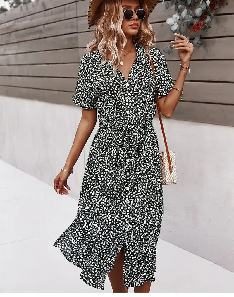 Brently – Geblümtes Midikleid mit Knopfleiste und Taillenband - Image 4