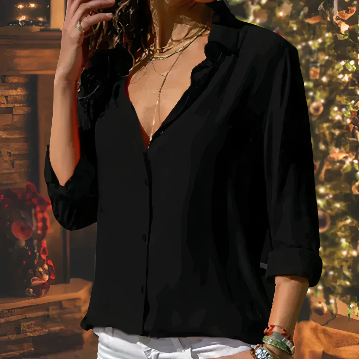 Brienna – Klassische Bluse mit V-Ausschnitt und Knopfleiste - Image 4