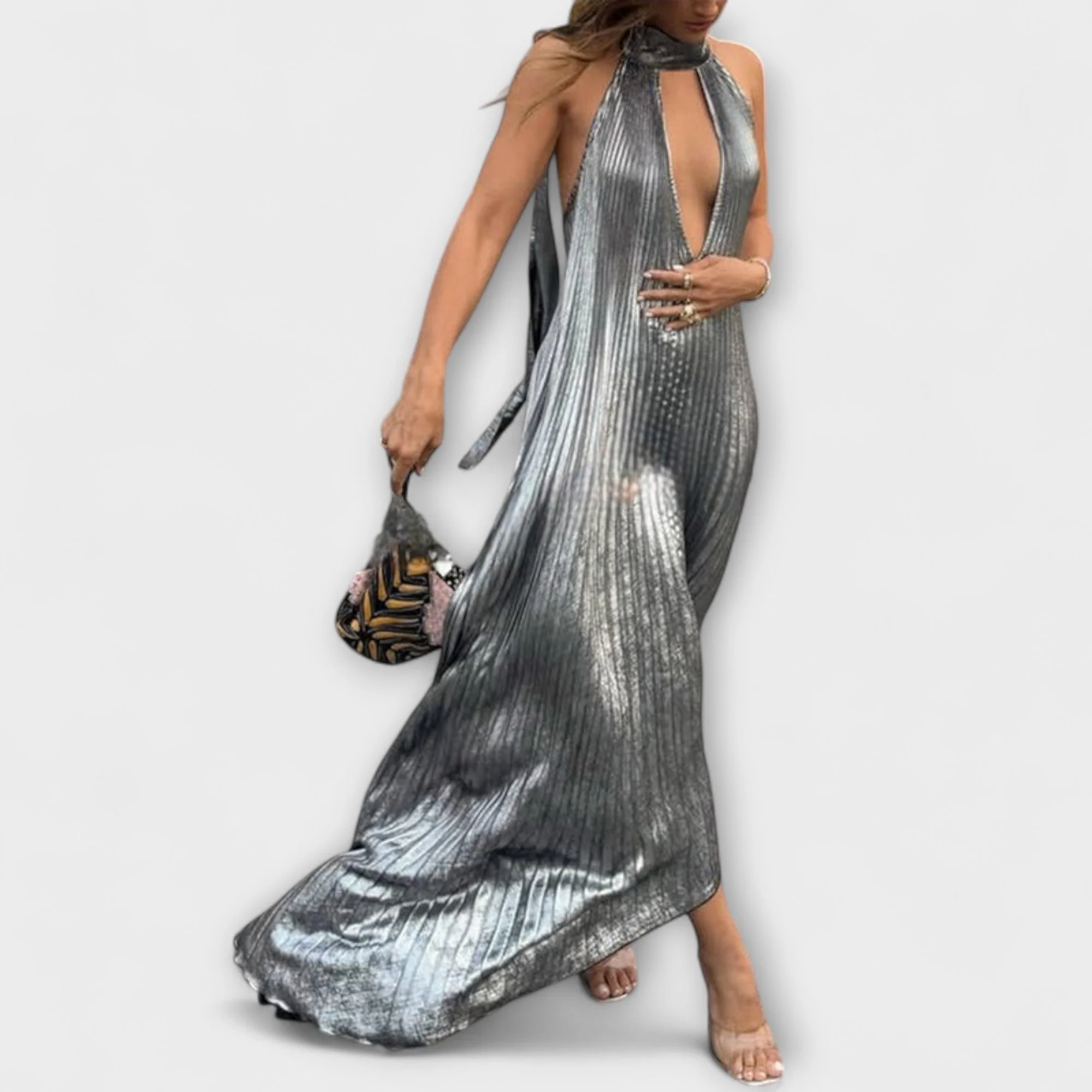 Calliope - Metallic Plissé A-Linien Maxikleid - Image 3
