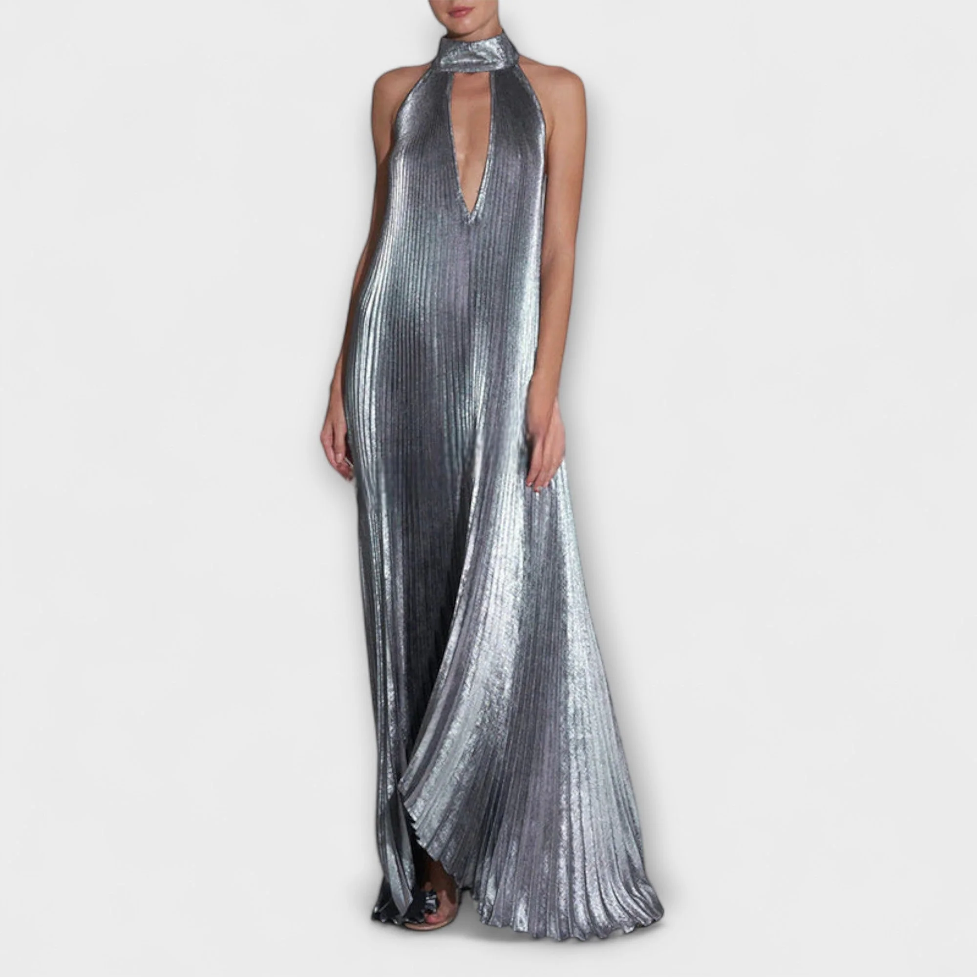 Calliope - Metallic Plissé A-Linien Maxikleid - Image 5