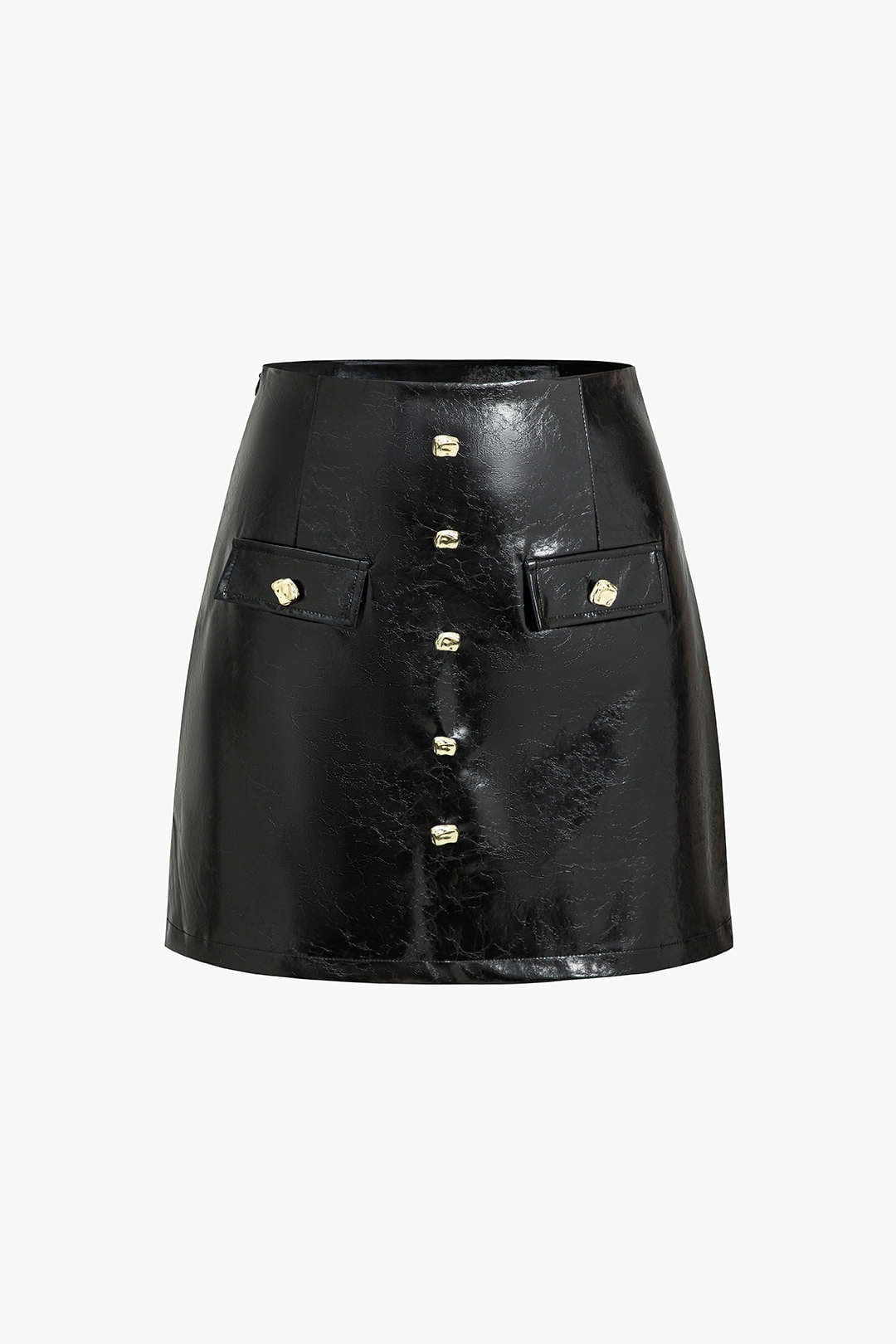 Callista | Eleganter Lackleder-Minirock mit Goldknöpfen und Ziertaschen - Image 4