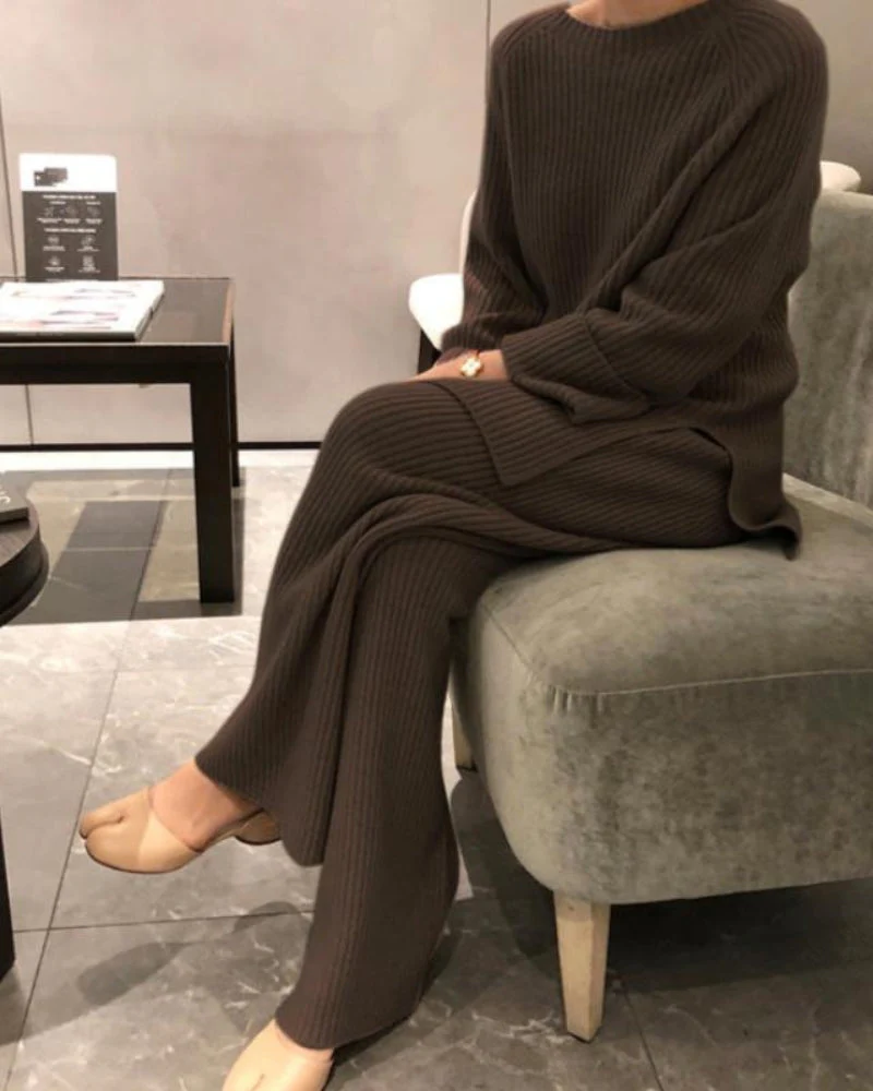 Camila | Rippenstrick Weites Bein Schlaghosen & Pullover Zweiteilig Lounge-Set - Image 3