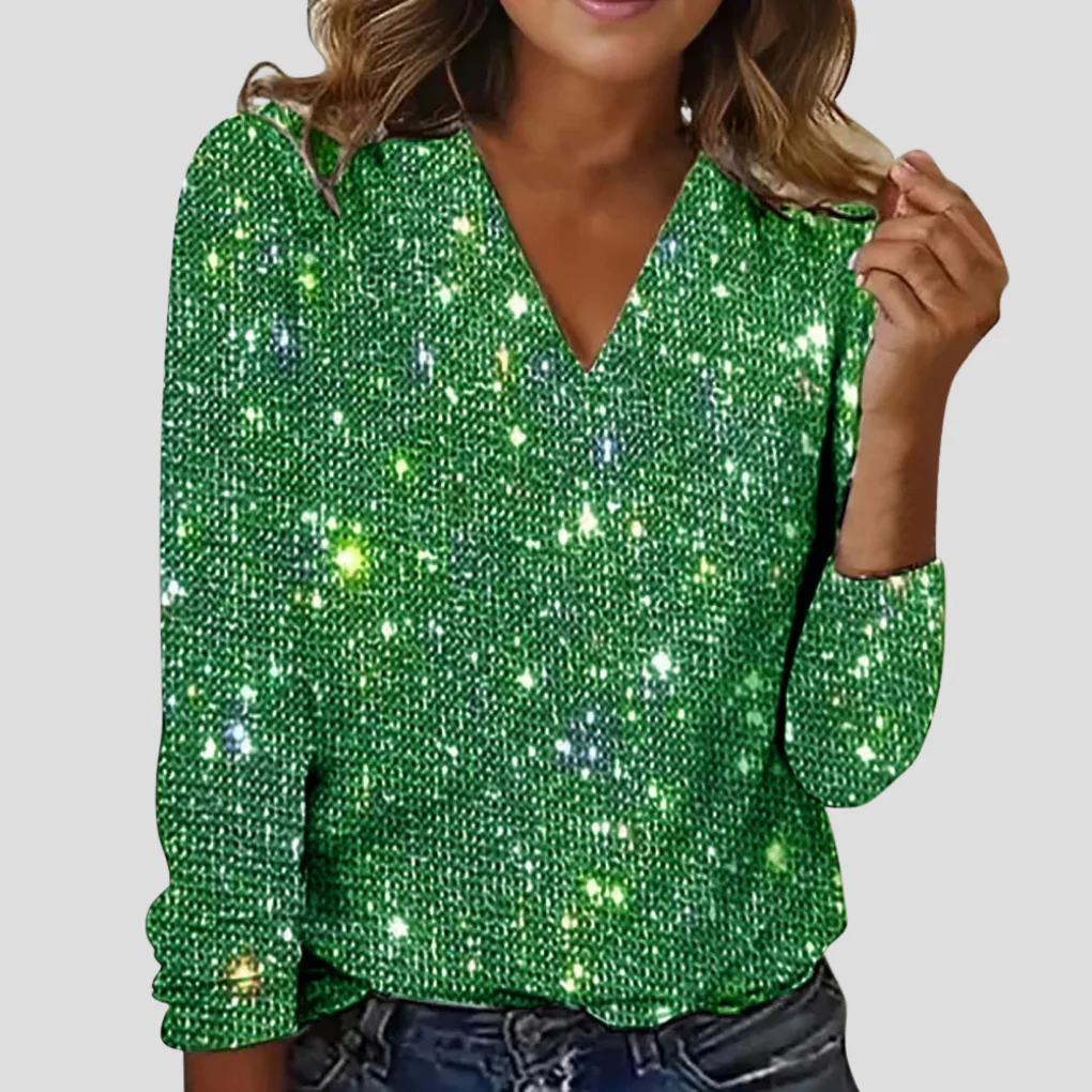 Camila – Schimmerndes Damen Langarmshirt mit V-Ausschnitt - Image 2