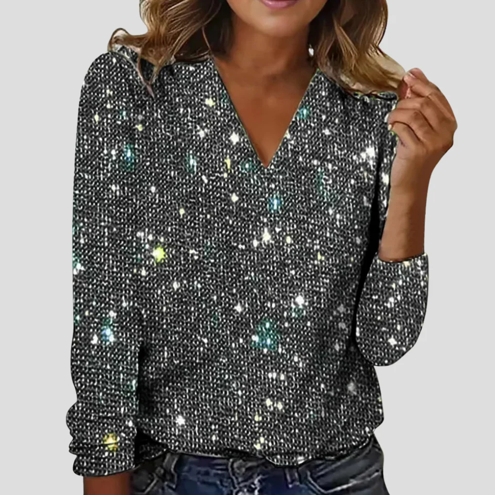 Camila – Schimmerndes Damen Langarmshirt mit V-Ausschnitt - Image 4