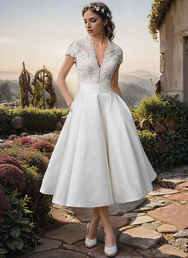 Carmen Damen Spitzen-Top V-Ausschnitt Midi Hochzeitskleid - Image 2