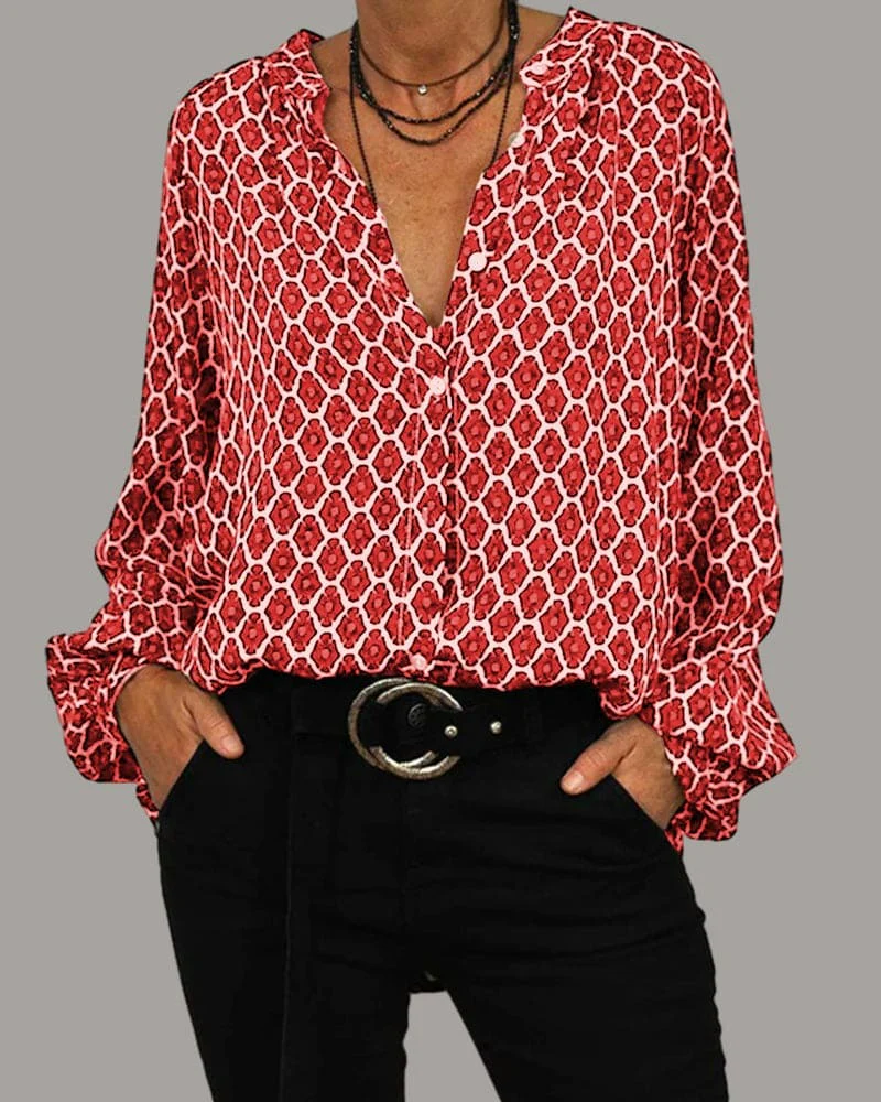 Celia - Langärmelige Bluse mit V-Ausschnitt und geometrischem Druck - Image 2