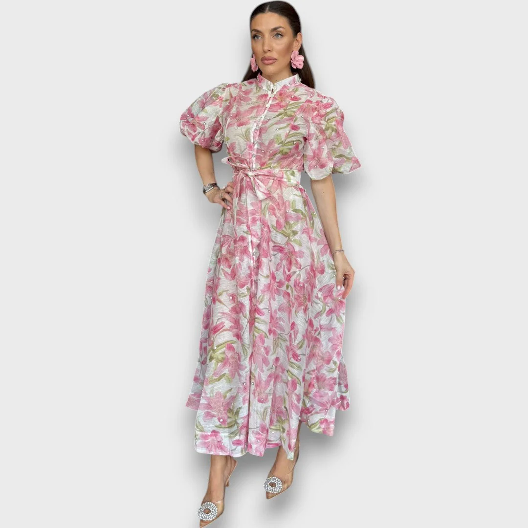 Celindra – Maxi-Kleid mit floraler Struktur und Bindegürtel - Image 2
