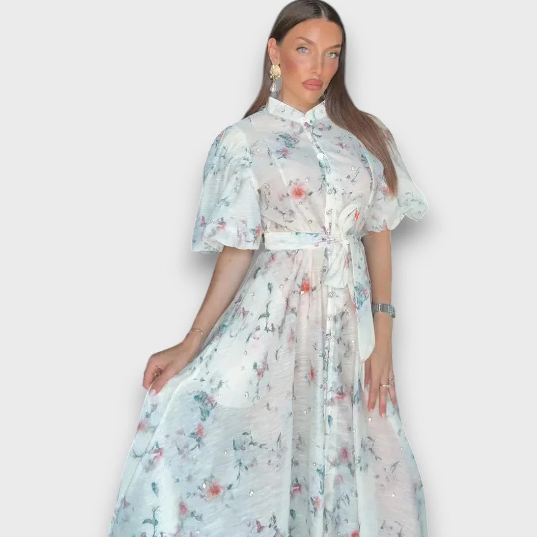 Celindra – Maxi-Kleid mit floraler Struktur und Bindegürtel - Image 5
