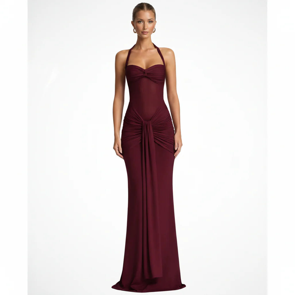 Céline | Damen Neckholder Maxikleid Raffung Hochzeitsgast – Halter Maxi 2026 - Image 4
