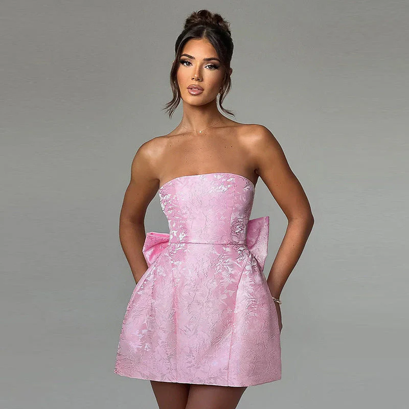 Champagnerfarbene Mini-Cocktailkleid – Schulterfreies Abendkleid mit Schleifendetail - Image 5