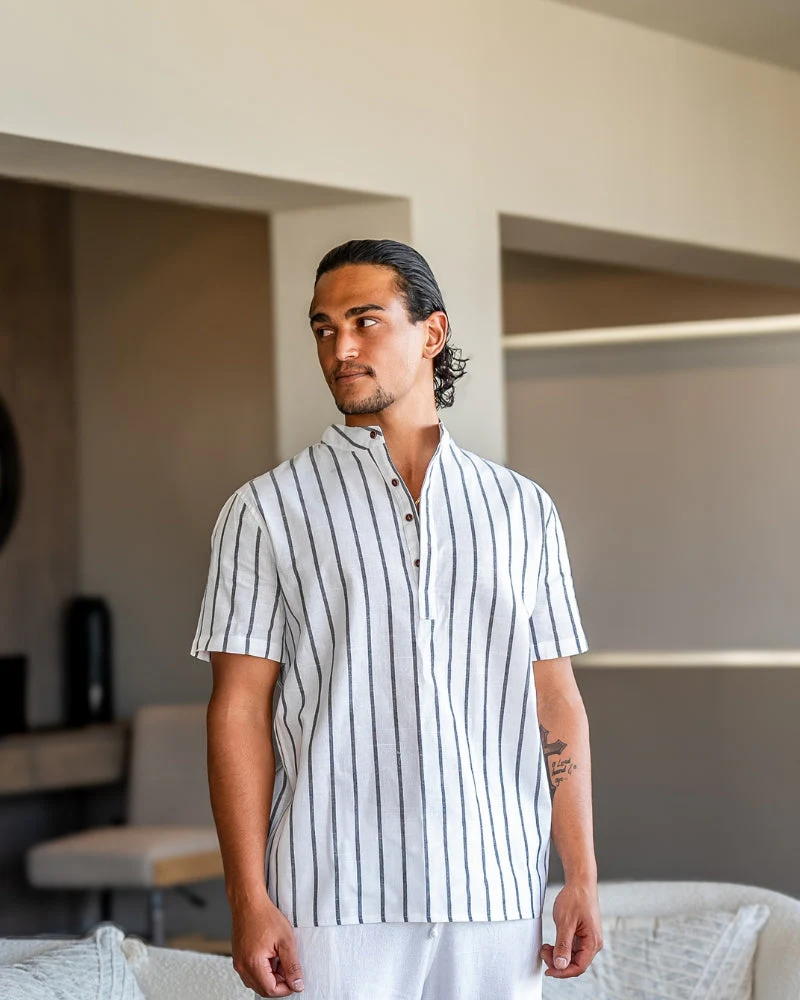 Charles | Gestreiftes Herren-Sommer Leinenhemd mit Stehkragen - Image 4