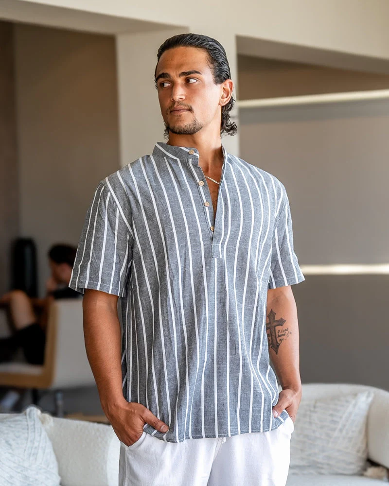 Charles | Gestreiftes Herren-Sommer Leinenhemd mit Stehkragen - Image 6