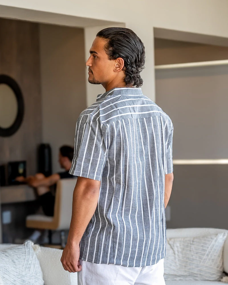 Charles | Gestreiftes Herren-Sommer Leinenhemd mit Stehkragen - Image 7