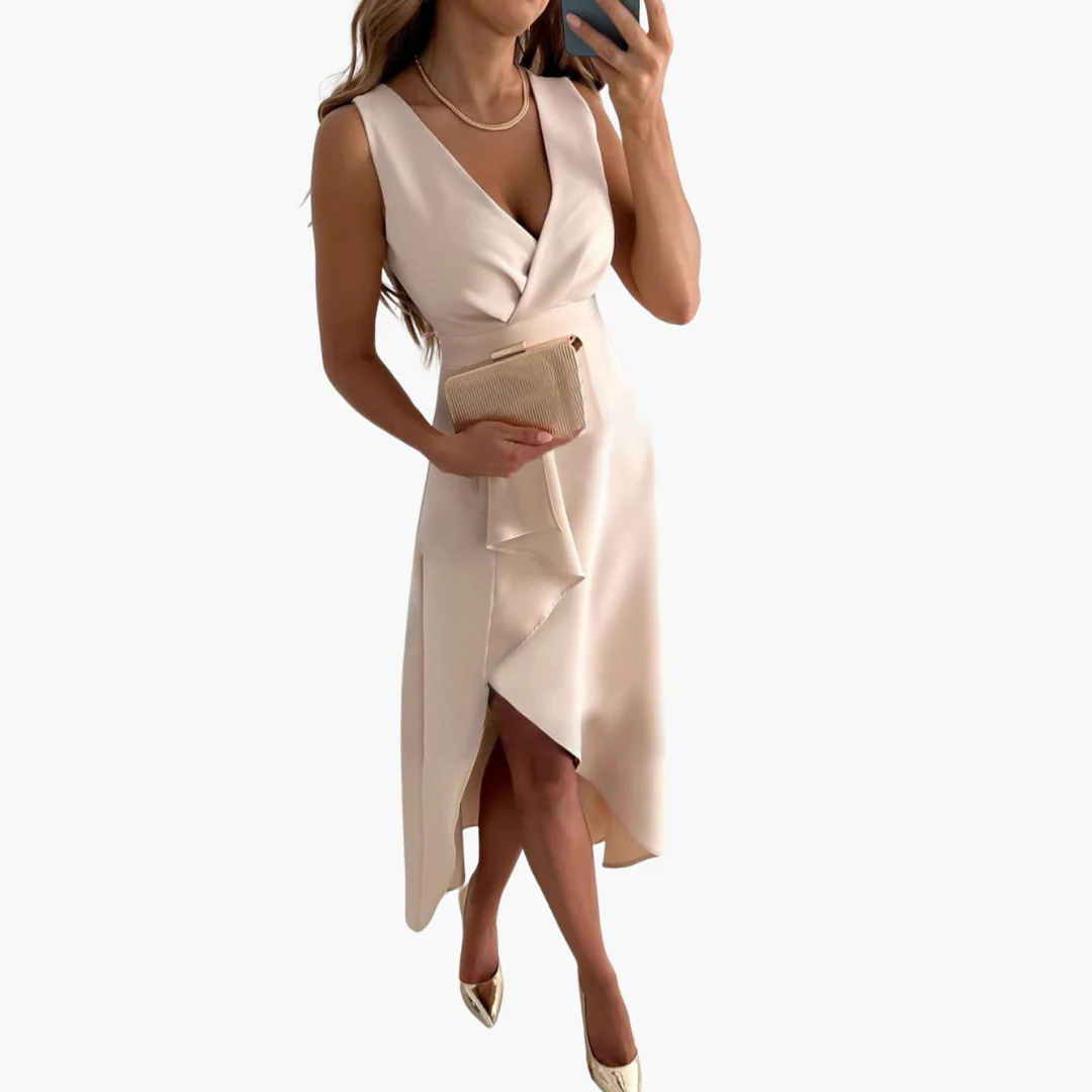 Chic Wickel V-Ausschnitt Midi Kleid für Damen - Elegante Passform - Image 3