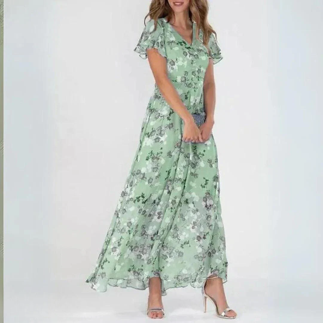 Chiffon Maxikleid mit V-Ausschnitt & floralem Muster – Elegant & Luftig - Image 2