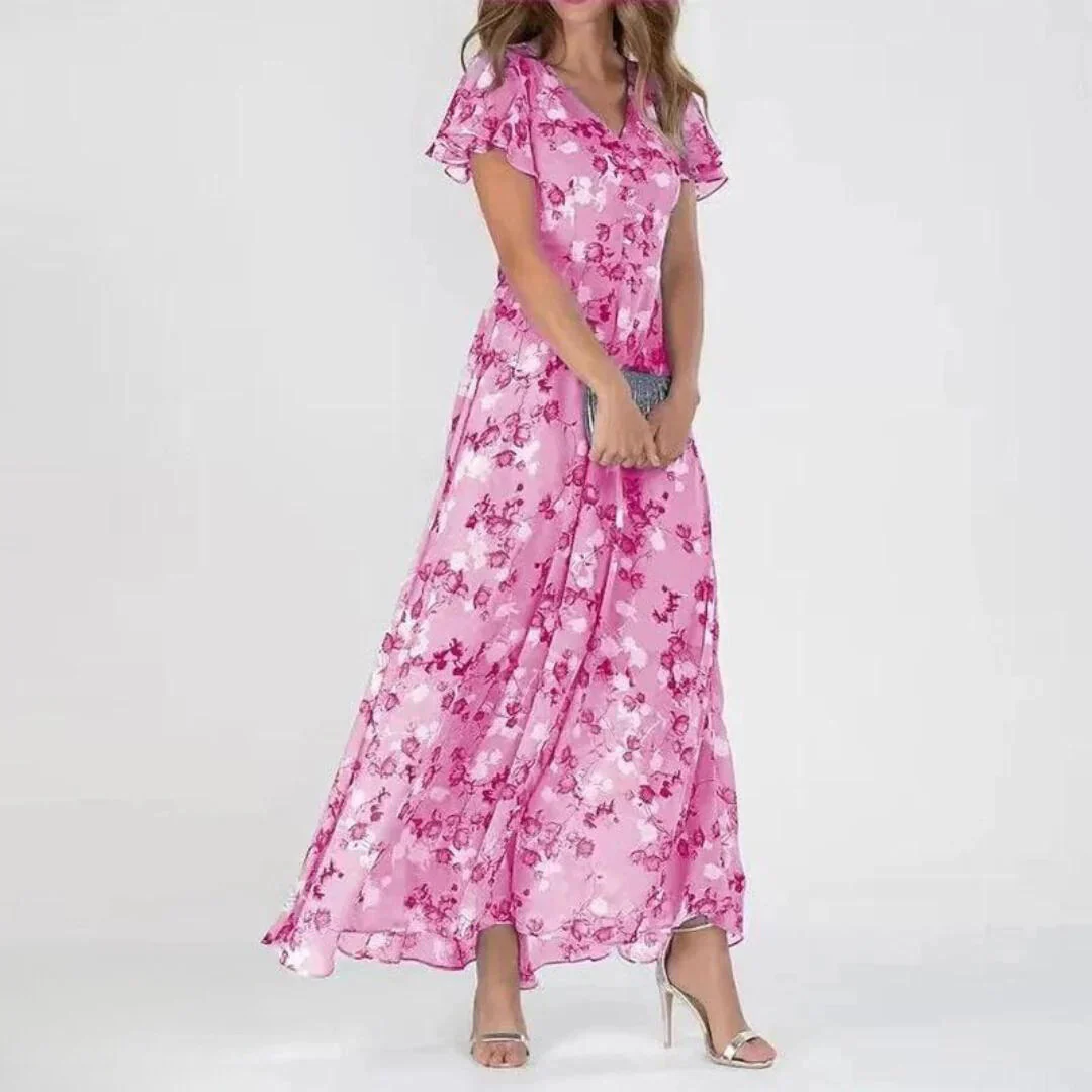 Chiffon Maxikleid mit V-Ausschnitt & floralem Muster – Elegant & Luftig - Image 3