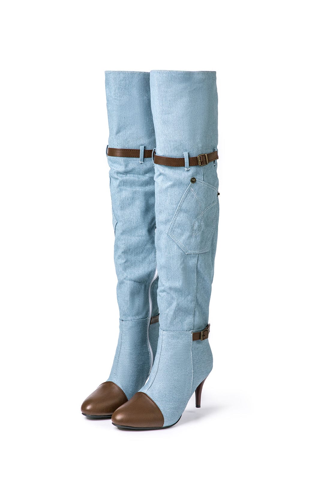 Chloe | Denim kniehohe Stiefel mit Absatz & Einstellbar Braun Gürtel - Image 3