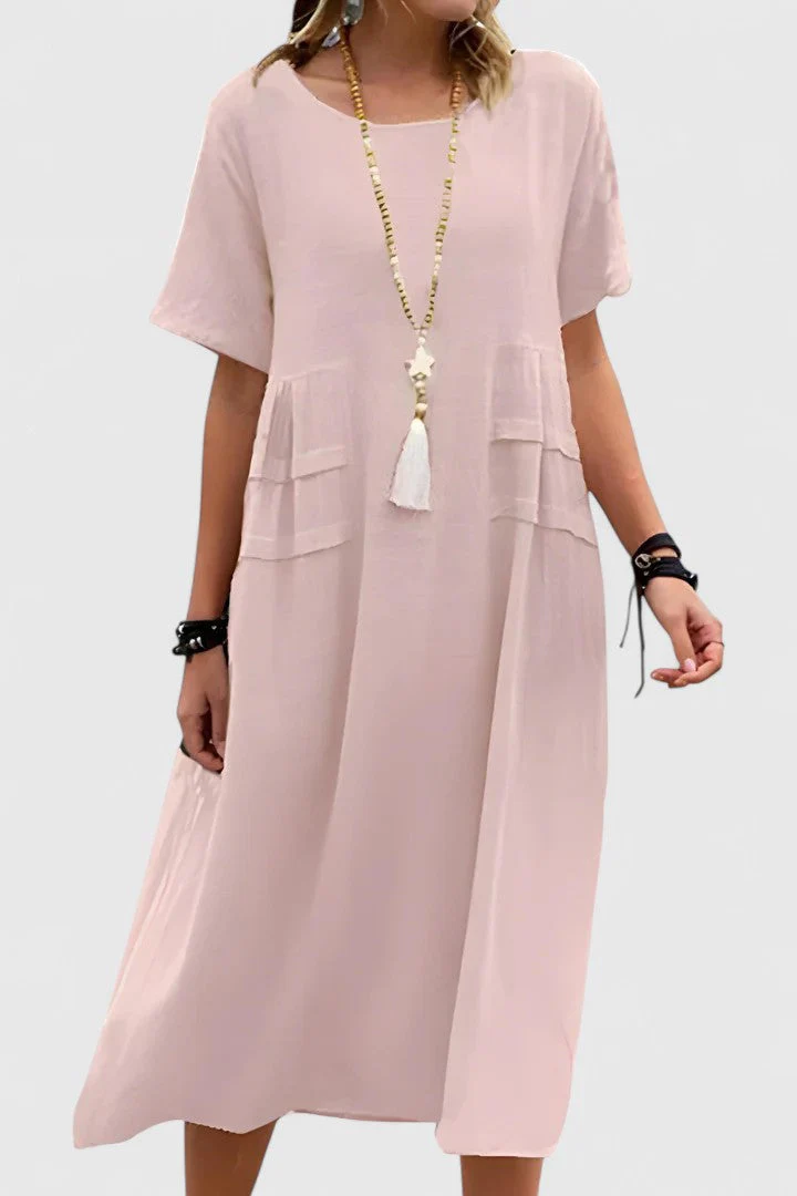 Chloe | Lockeres Midi-Kleid mit kurzen Ärmeln und praktischen Taschen - Image 3