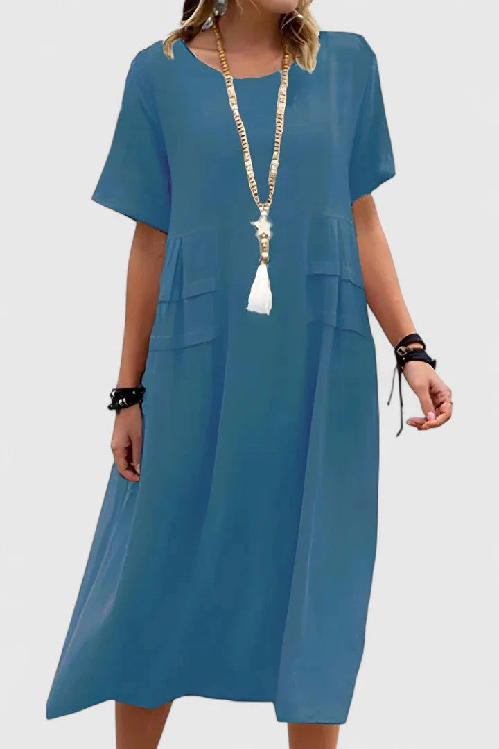 Chloe | Lockeres Midi-Kleid mit kurzen Ärmeln und praktischen Taschen - Image 4