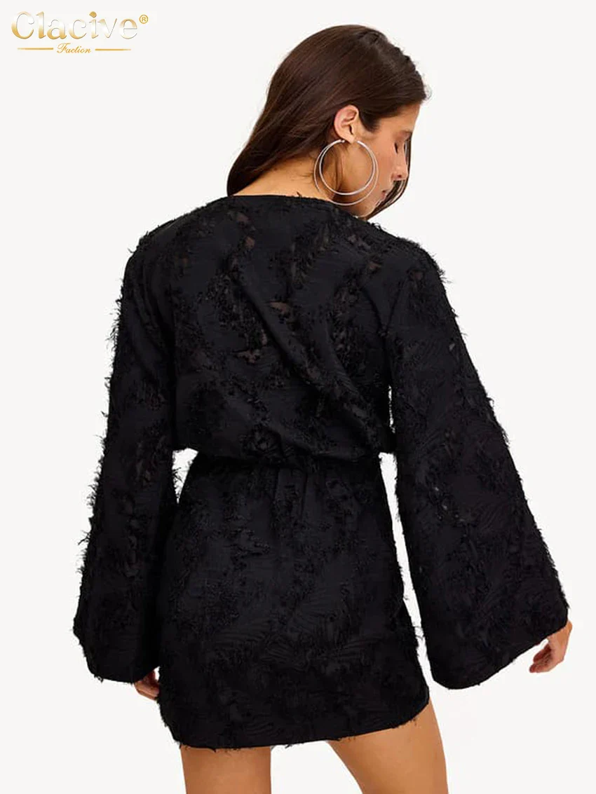 Clacive Herbst Lose Gelb Casual Frauen Kleider 2024 Sexy V-ausschnitt Langarm Mini Kleid Elegante Klassische Hohe Taille Weibliche Kleid - Image 3
