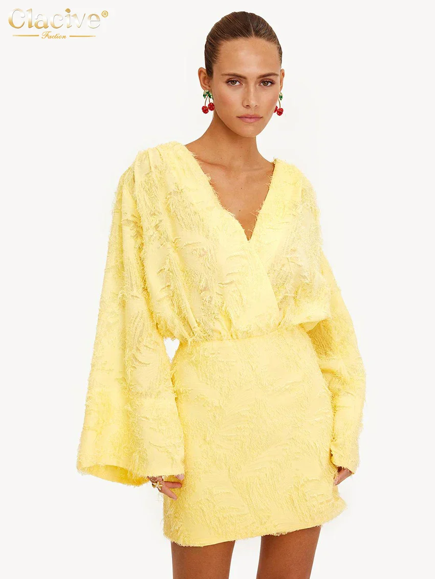 Clacive Herbst Lose Gelb Casual Frauen Kleider 2024 Sexy V-ausschnitt Langarm Mini Kleid Elegante Klassische Hohe Taille Weibliche Kleid - Image 4
