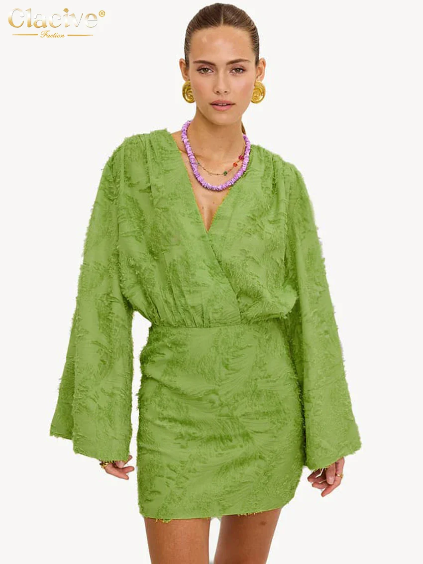 Clacive Herbst Lose Gelb Casual Frauen Kleider 2024 Sexy V-ausschnitt Langarm Mini Kleid Elegante Klassische Hohe Taille Weibliche Kleid - Image 5