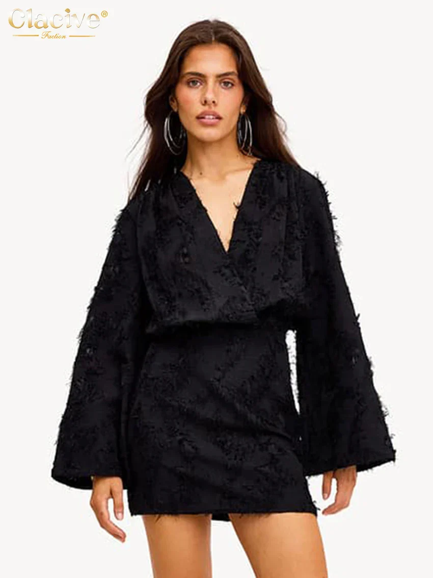 Clacive Herbst Lose Gelb Casual Frauen Kleider 2024 Sexy V-ausschnitt Langarm Mini Kleid Elegante Klassische Hohe Taille Weibliche Kleid - Image 6