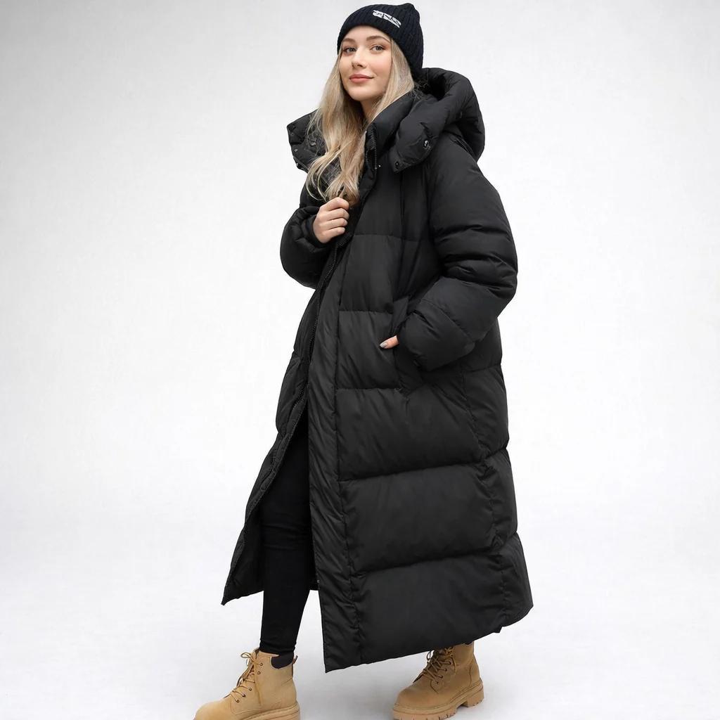 Claudia – Damen Langer Steppmantel Mit Kapuze - Image 12