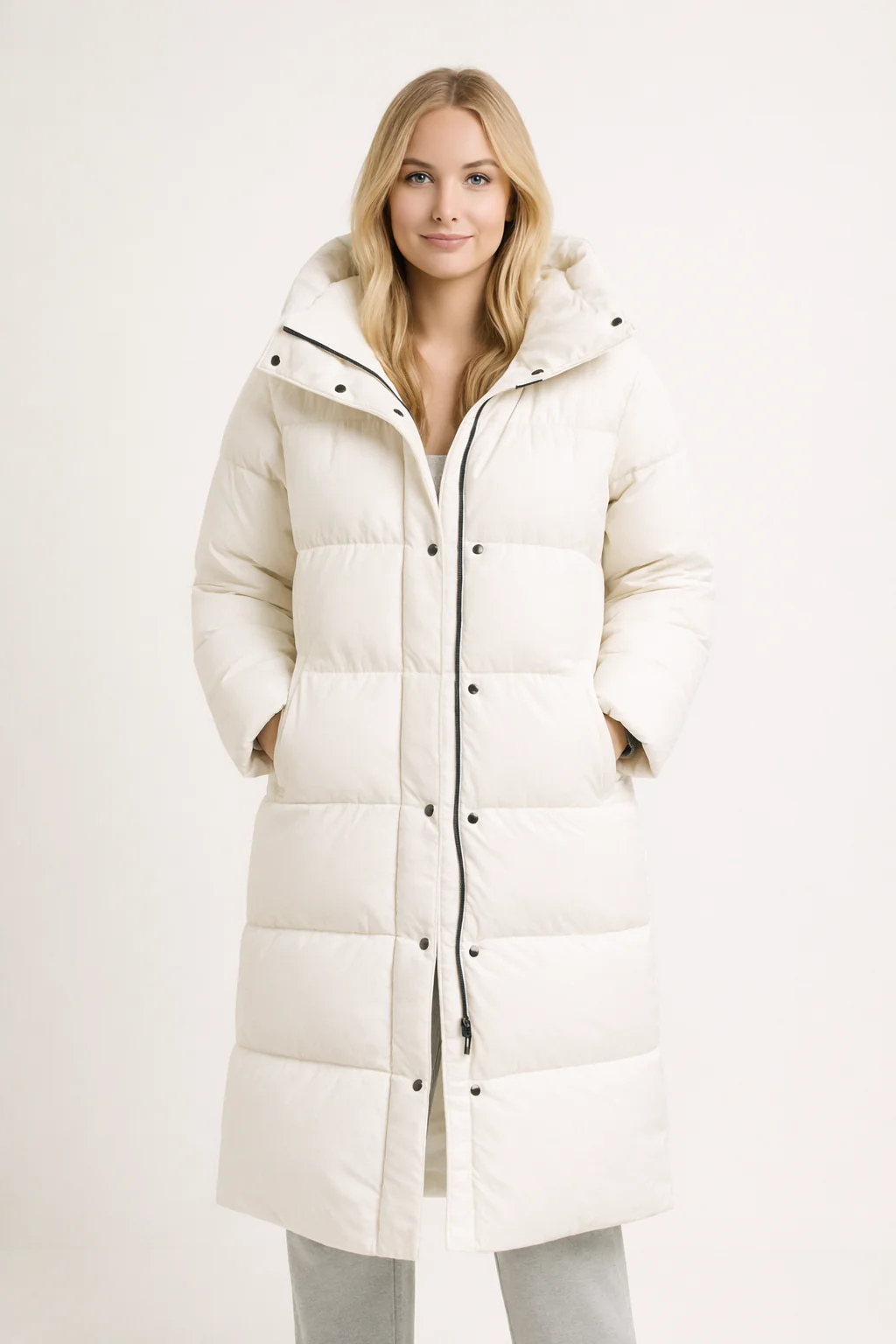 Claudia – Damen Langer Steppmantel Mit Kapuze - Image 14