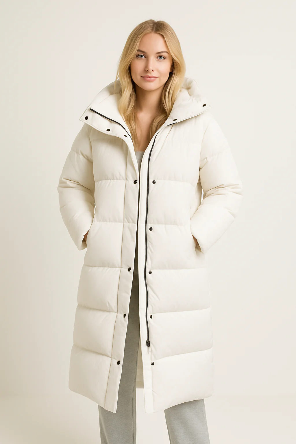 Claudia – Damen Langer Steppmantel Mit Kapuze - Image 3