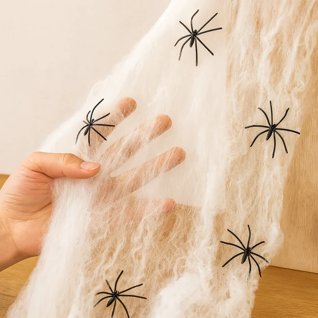 CreepWeb Halloween Deko – 200 g Spinnennetz mit 10 Plastikspinnen - Image 2