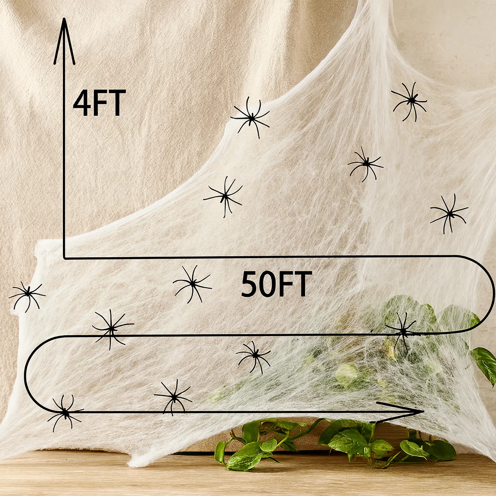 CreepWeb Halloween Deko – 200 g Spinnennetz mit 10 Plastikspinnen - Image 3