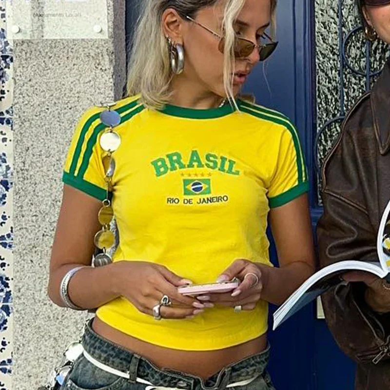 Cropped Damen T-Shirt mit Brasilien-Print im Retro-Sportstil - Image 3