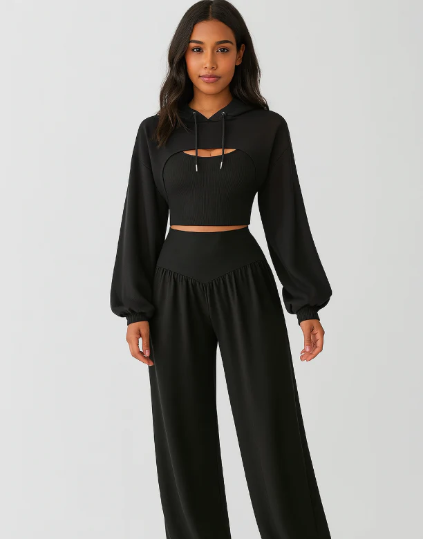 Damen 3-teiliges Set – Kapuzenpullover, Tanktop mit Knoten & High-Waist-Yogahose - Image 3