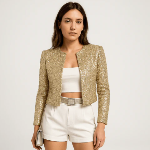 Damen Abendjacke Festlich Pailletten Strukturierter Blazer - Image 4